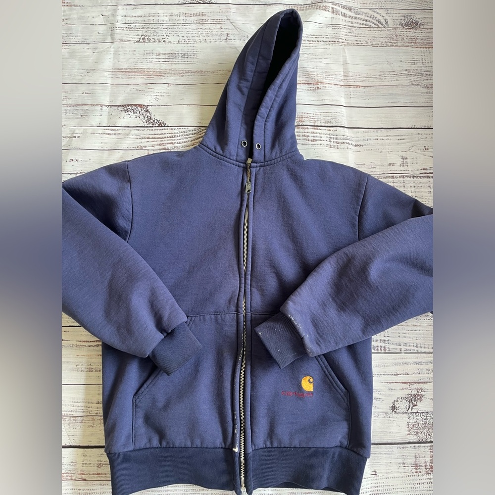 Vintage Carhartt Hoodie Heavy Thermal Lined Rugged  Navy Full Zip Mens L 80's